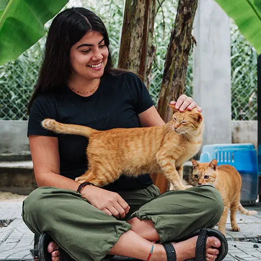 A smiling female visitor sitting cross-legged at Jack's Cat Cafe in Hoi An, petting Rosa, a ginger tabby rescue cat standing on her lap. Another ginger cat, Jungle, is visible in the background. The scene is set in a lush outdoor garden area under large green leaves, capturing a typical moment of animal interaction at the shelter.