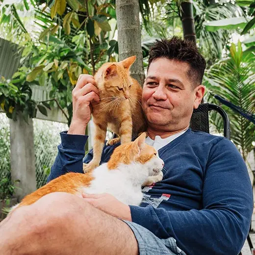A male visitor at Jack's Cat Cafe in Hoi An relaxing with two rescue cats. Pia, a white and orange male cat, rests comfortably on his lap, while Rosa, a ginger tabby male cat, is perched on his shoulder. The guest is gently petting Rosa, surrounded by the lush tropical greenery of the cafe's outdoor garden.